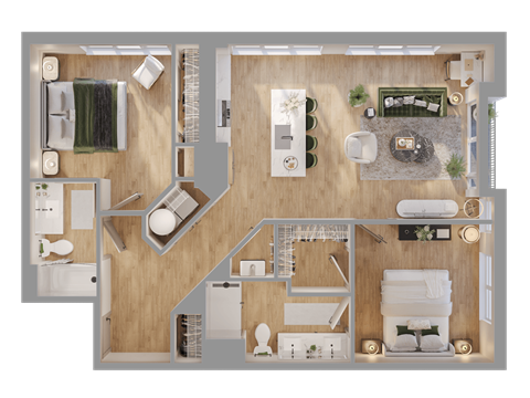 Floor plan for 2 beds, 2 baths, 1107 sqft